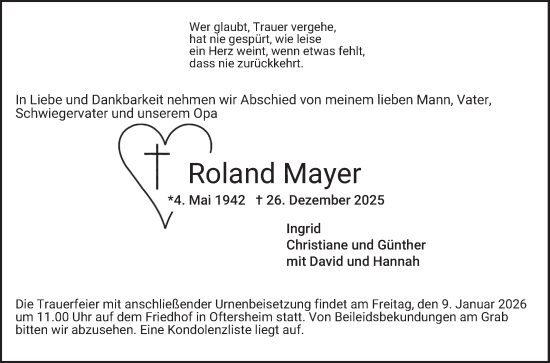 Traueranzeige von Roland Mayer von Schwetzinger Zeitung