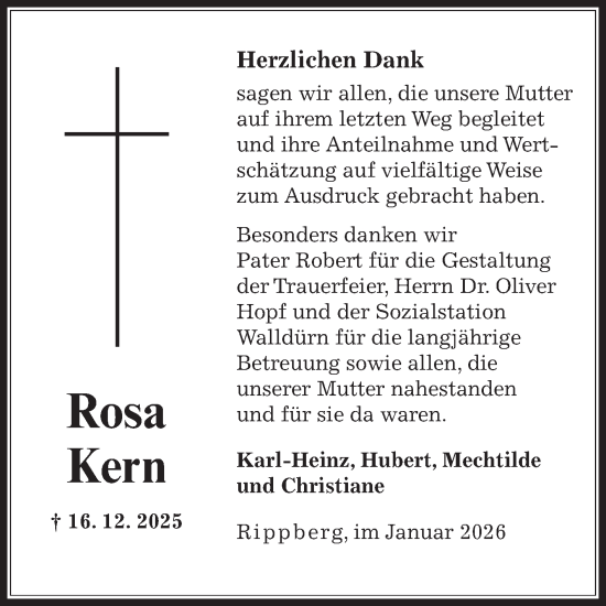 Traueranzeige von Rosa Kern von Fränkische Nachrichten