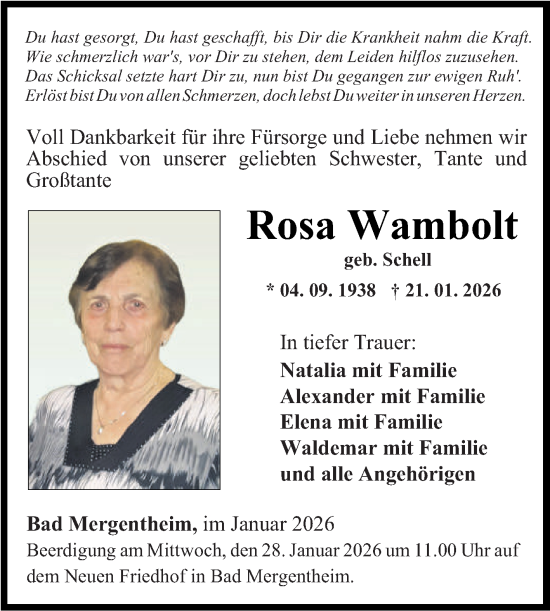 Traueranzeige von Rosa Wambolt von Fränkische Nachrichten