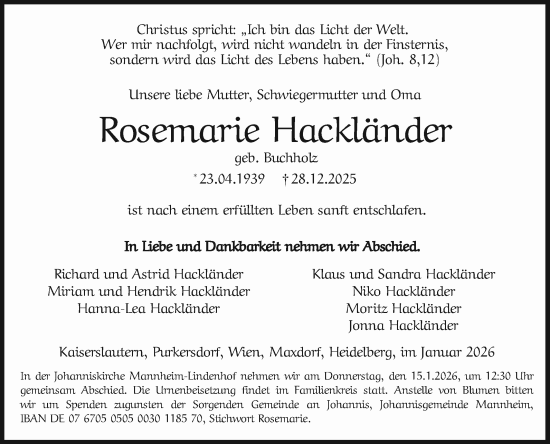 Traueranzeige von Rosemarie Hackländer von Mannheimer Morgen