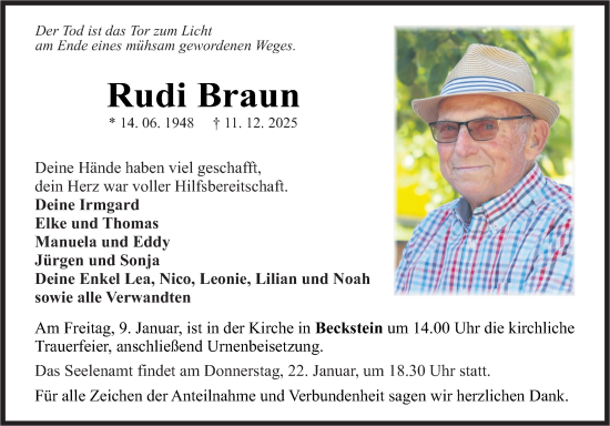 Traueranzeige von Rudi Braun von Fränkische Nachrichten