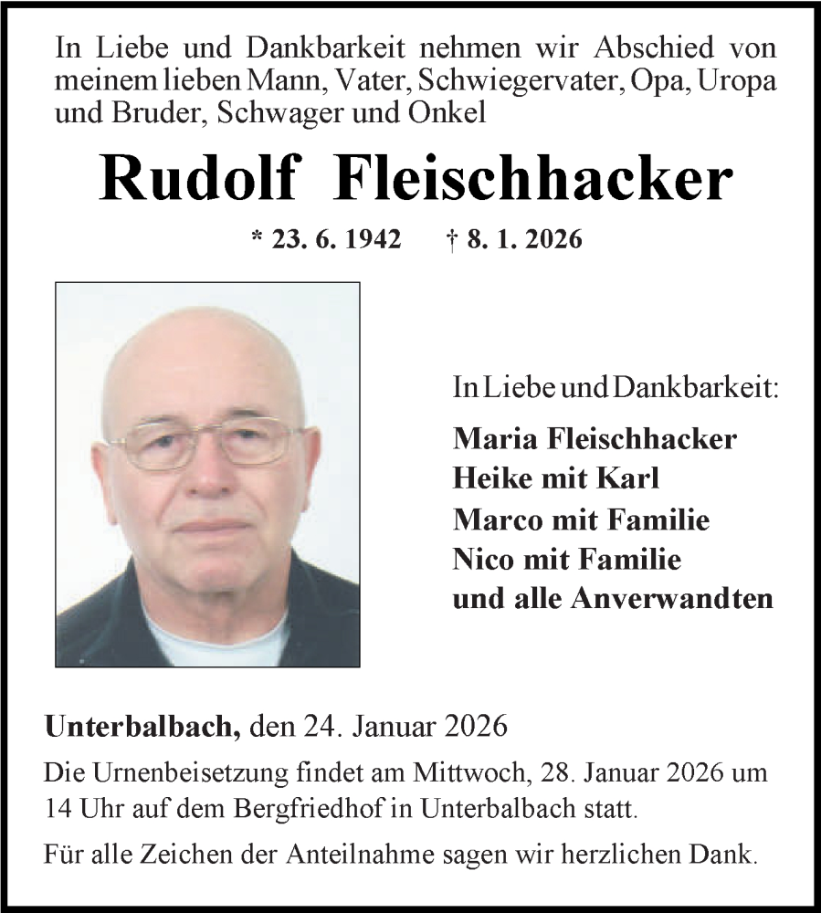  Traueranzeige für Rudolf Fleischhacker vom 24.01.2026 aus Fränkische Nachrichten