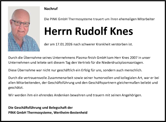 Traueranzeige von Rudolf Knes von Fränkische Nachrichten