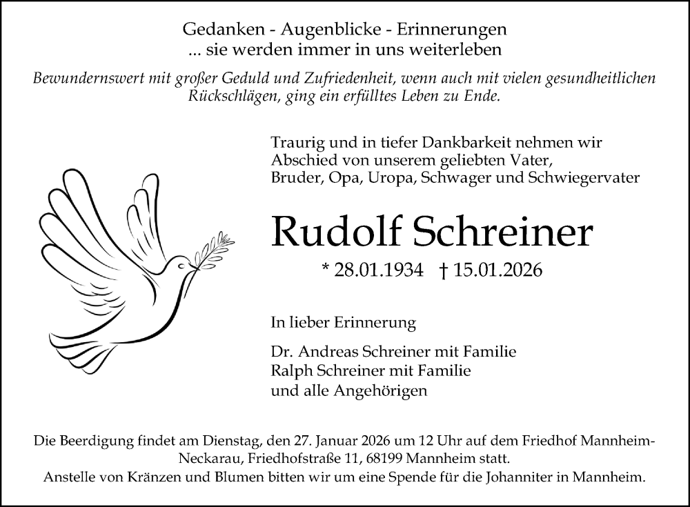  Traueranzeige für Rudolf Schreiner vom 24.01.2026 aus Mannheimer Morgen