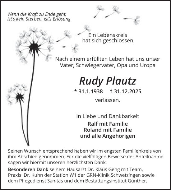 Traueranzeige von Rudy Plautz von Schwetzinger Zeitung