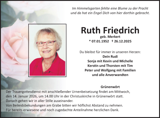 Traueranzeige von Ruth Friedrich von Fränkische Nachrichten