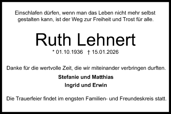 Traueranzeige von Ruth Lehnert von Mannheimer Morgen