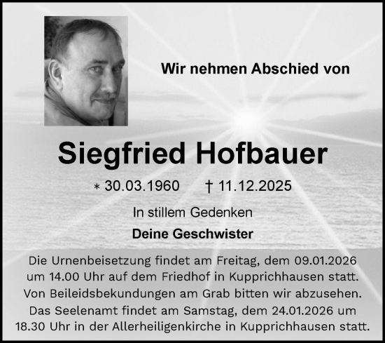 Traueranzeige von Siegfried Hofbauer von Fränkische Nachrichten