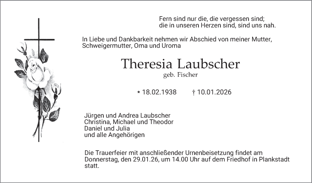  Traueranzeige für Theresia Laubscher vom 24.01.2026 aus Schwetzinger Zeitung