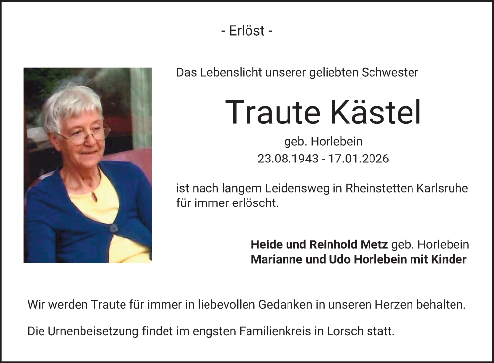  Traueranzeige für Traute Kästel vom 31.01.2026 aus Bergsträßer Anzeiger