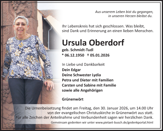 Traueranzeige von Ursula Oberdorf von Fränkische Nachrichten