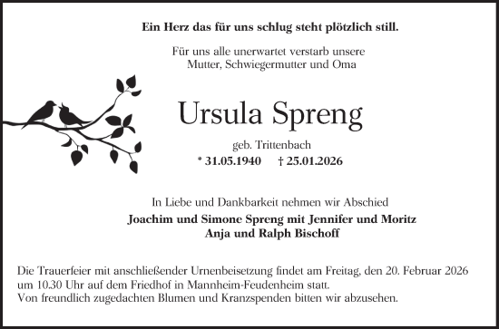 Traueranzeige von Ursula Spreng von Mannheimer Morgen