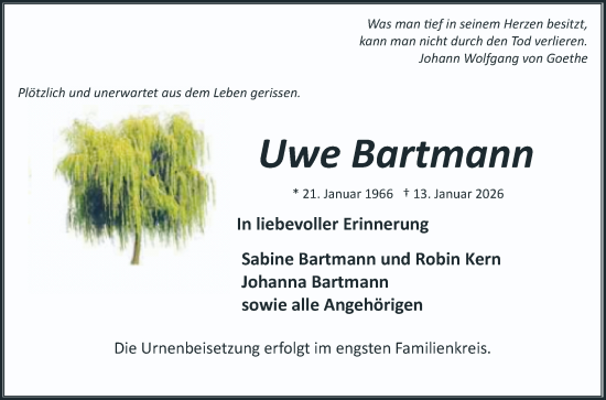 Traueranzeige von Uwe Bartmann von Mannheimer Morgen