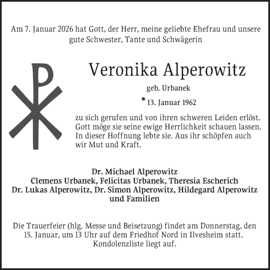 Traueranzeige von Veronika Alperowitz von Mannheimer Morgen