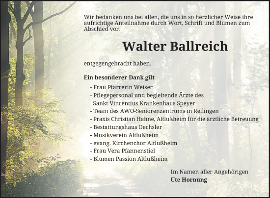 Traueranzeige von Walter Ballreich von Schwetzinger Zeitung