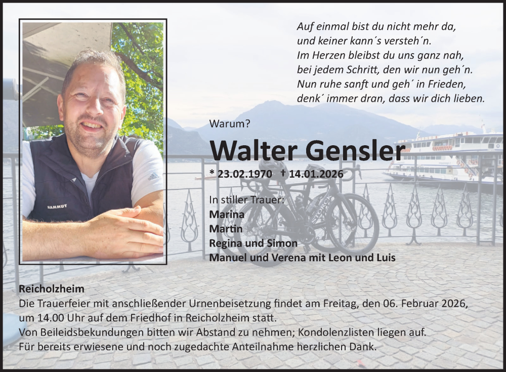  Traueranzeige für Walter Gensler vom 31.01.2026 aus Fränkische Nachrichten