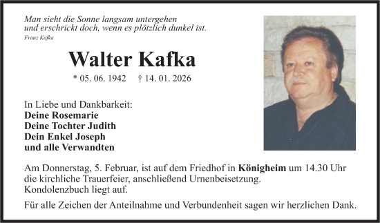 Traueranzeige von Walter Kafka von Fränkische Nachrichten