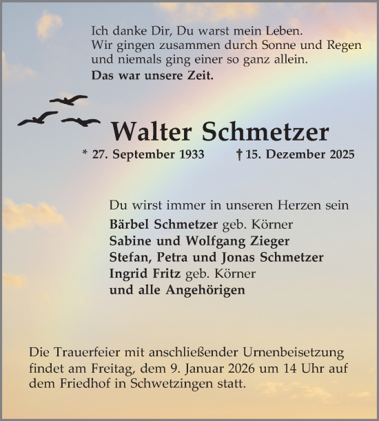 Traueranzeige von Walter Schmetzer von Schwetzinger Zeitung