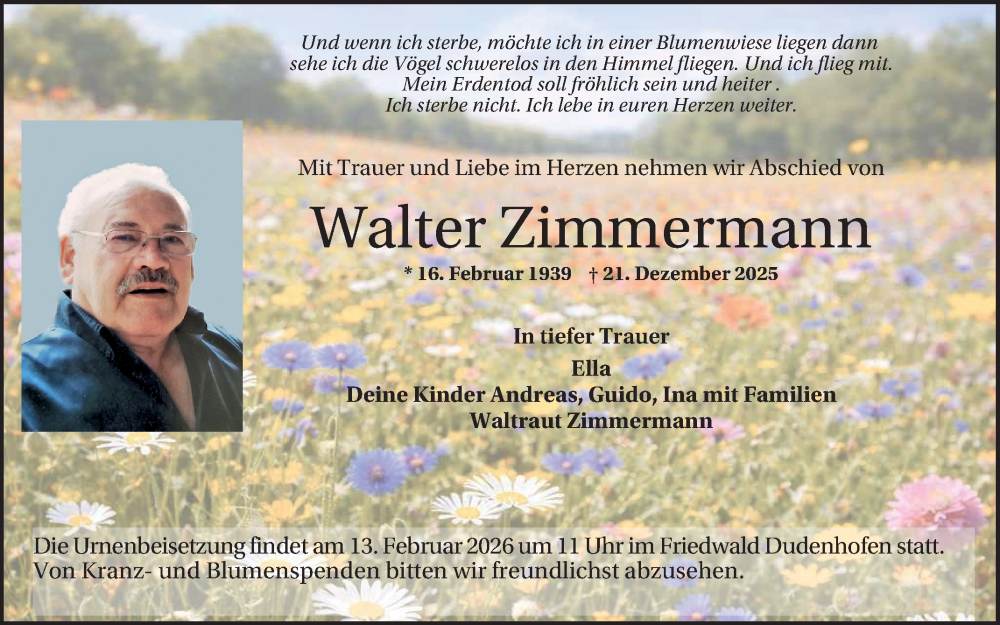  Traueranzeige für Walter Zimmermann vom 31.01.2026 aus Schwetzinger Zeitung
