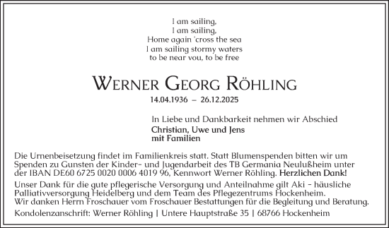 Traueranzeige von Werner Georg Röhling von Schwetzinger Zeitung
