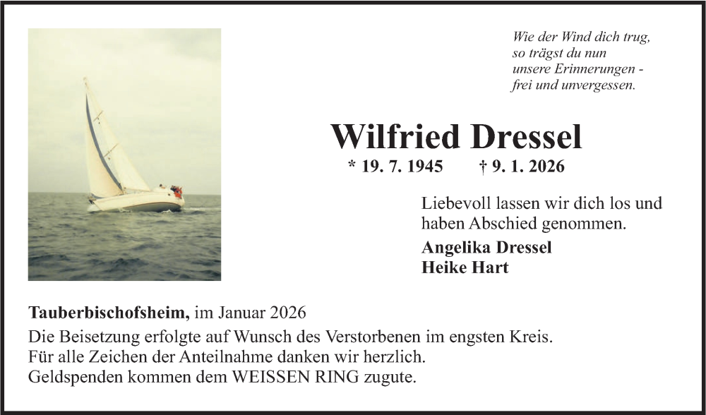  Traueranzeige für Wilfried Dressel vom 31.01.2026 aus Fränkische Nachrichten