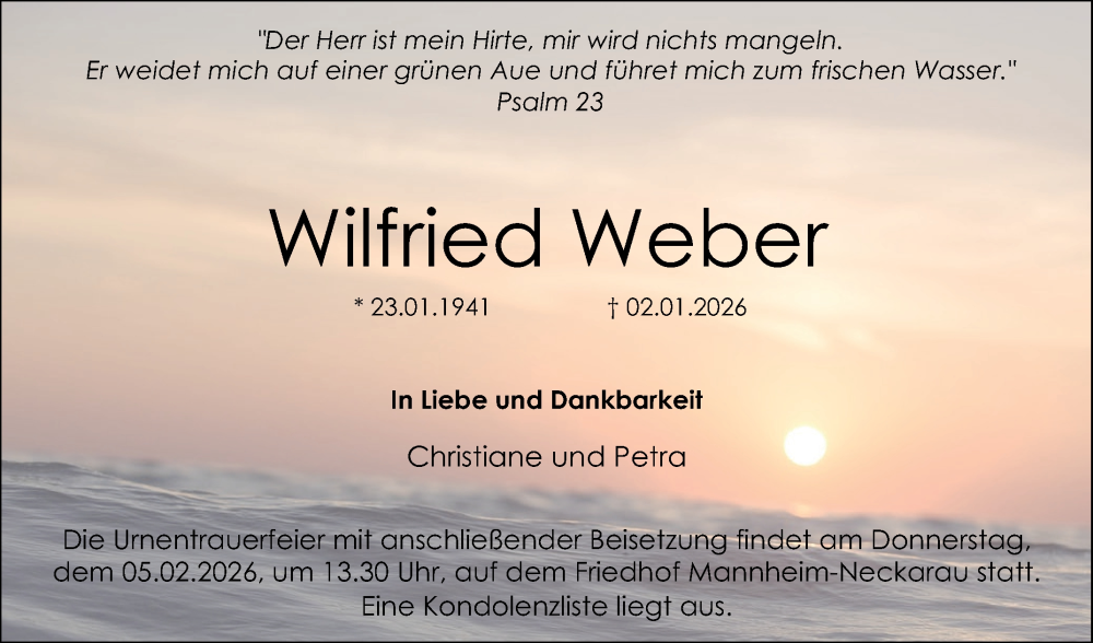  Traueranzeige für Wilfried Weber vom 24.01.2026 aus Mannheimer Morgen