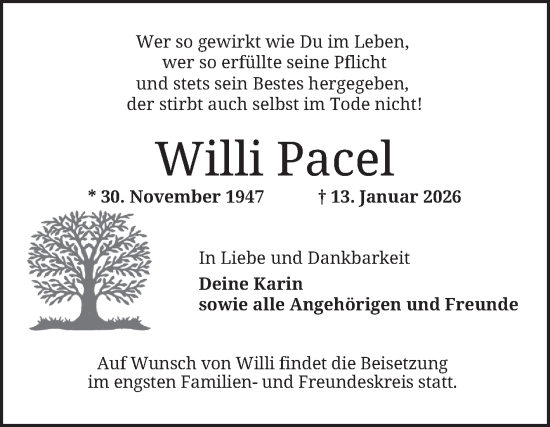 Traueranzeige von Willi Pacel von Mannheimer Morgen