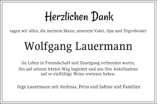 Traueranzeige von Wolfgang Lauermann von Mannheimer Morgen