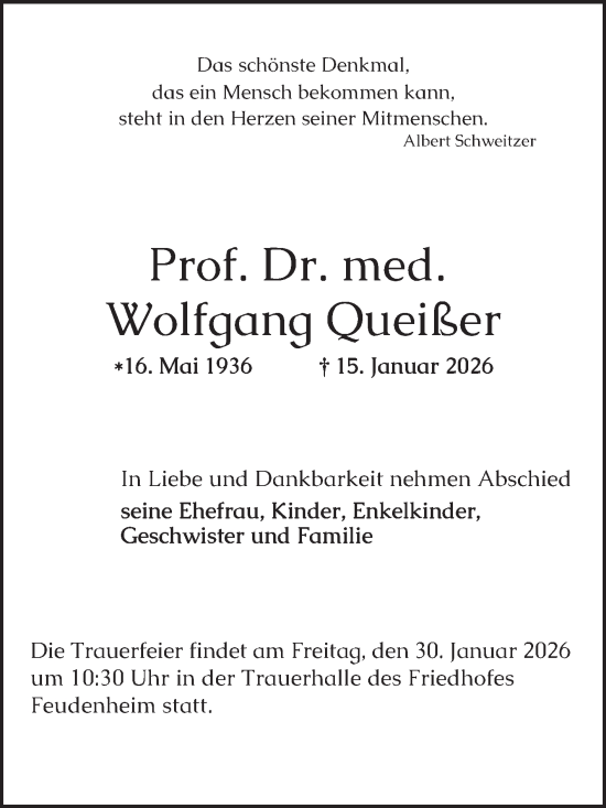 Traueranzeige von Wolfgang Queißer von Mannheimer Morgen