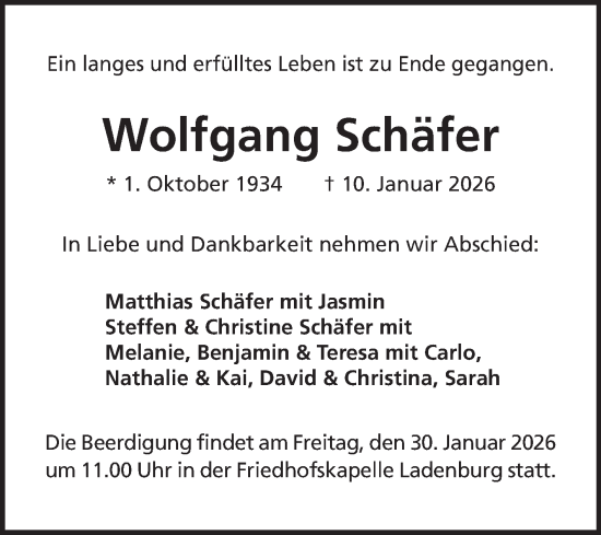 Traueranzeige von Wolfgang Schäfer von Mannheimer Morgen