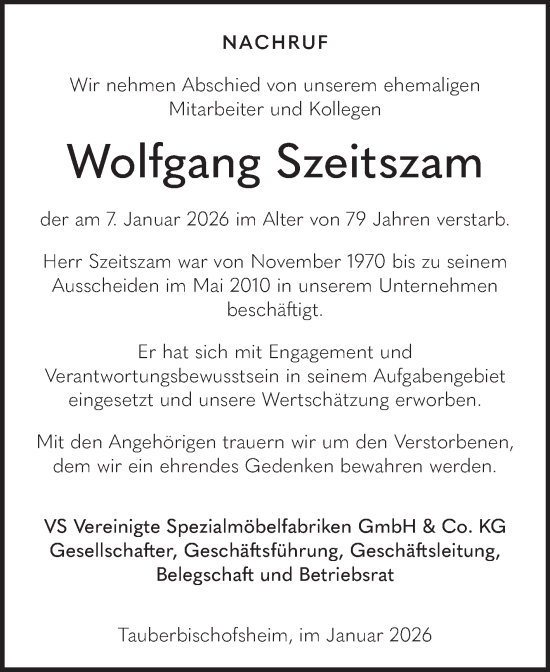 Traueranzeige von Wolfgang Szeitszam von Fränkische Nachrichten