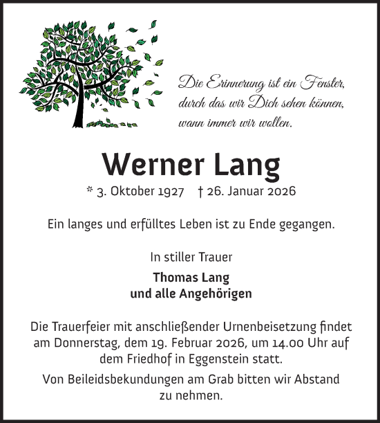 Traueranzeige von Werner Lang von Schwetzinger Zeitung