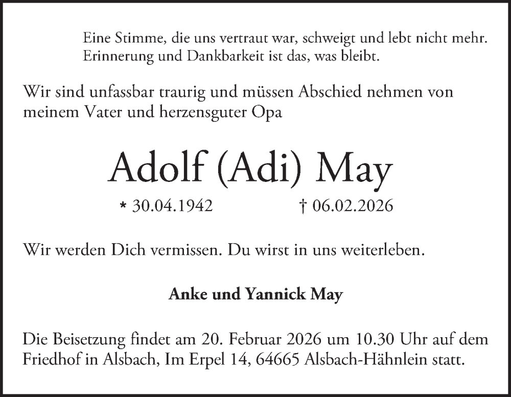  Traueranzeige für Adolf May vom 18.02.2026 aus Bergsträßer Anzeiger