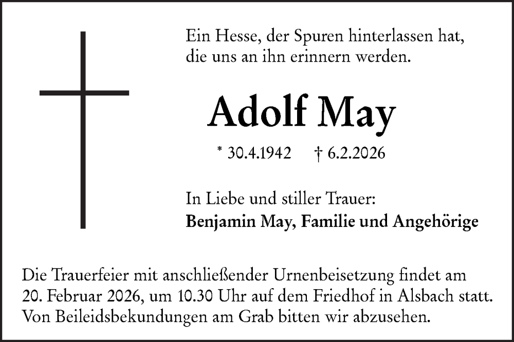  Traueranzeige für Adolf May vom 18.02.2026 aus Bergsträßer Anzeiger