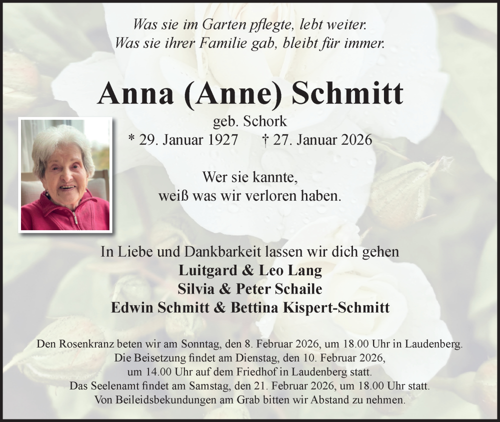  Traueranzeige für Anna Schmitt vom 07.02.2026 aus Fränkische Nachrichten