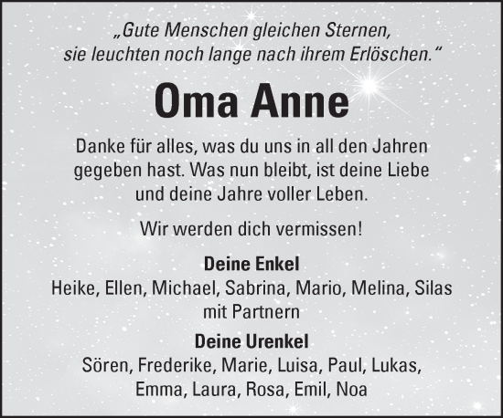 Traueranzeige von Anne  von Fränkische Nachrichten