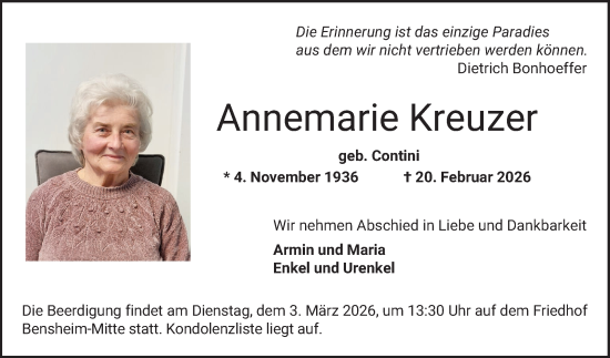 Traueranzeige von Annemarie Kreuzer von Bergsträßer Anzeiger