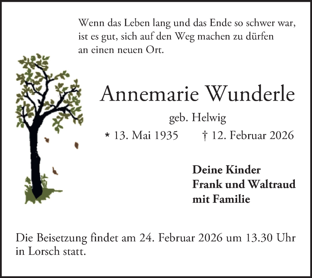  Traueranzeige für Annemarie Wunderle vom 21.02.2026 aus Bergsträßer Anzeiger