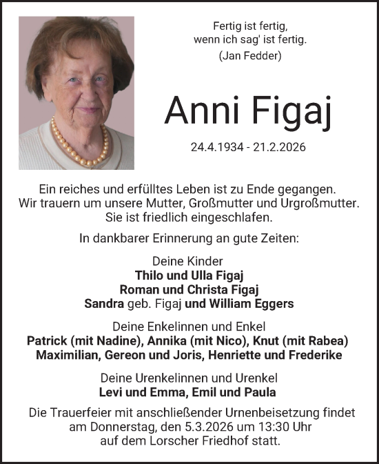 Traueranzeige von Anni Figaj von Bergsträßer Anzeiger