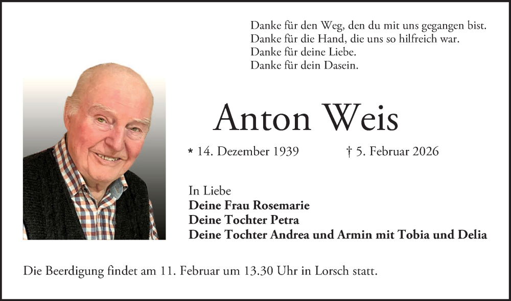  Traueranzeige für Anton Weis vom 10.02.2026 aus Bergsträßer Anzeiger