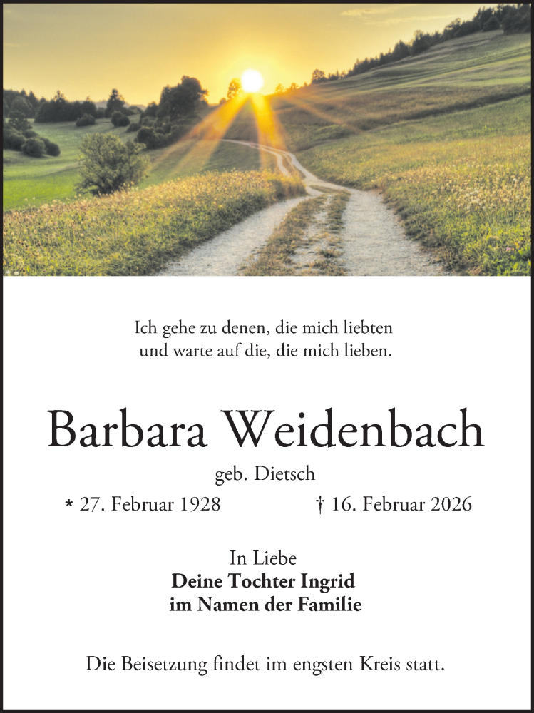  Traueranzeige für Barbara Weidenbach vom 21.02.2026 aus Bergsträßer Anzeiger