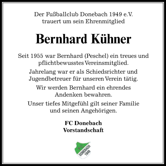 Traueranzeige von Bernhard Kühner von Fränkische Nachrichten