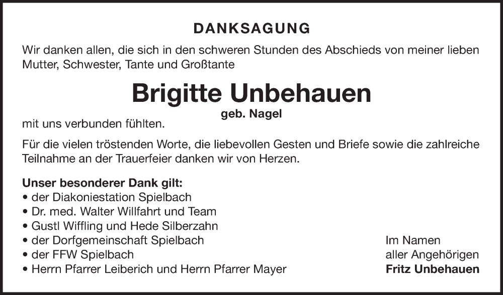  Traueranzeige für Brigitte Unbehauen vom 07.02.2026 aus Fränkische Nachrichten