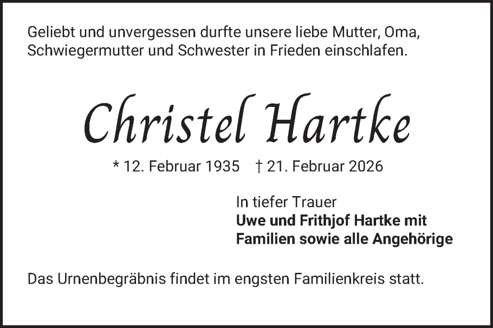  Traueranzeige für Christel Hartke vom 28.02.2026 aus Bergsträßer Anzeiger