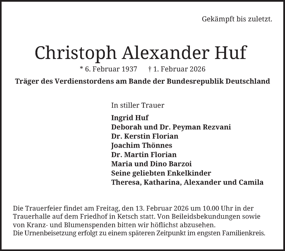  Traueranzeige für Christoph Alexander Huf vom 07.02.2026 aus Schwetzinger Zeitung
