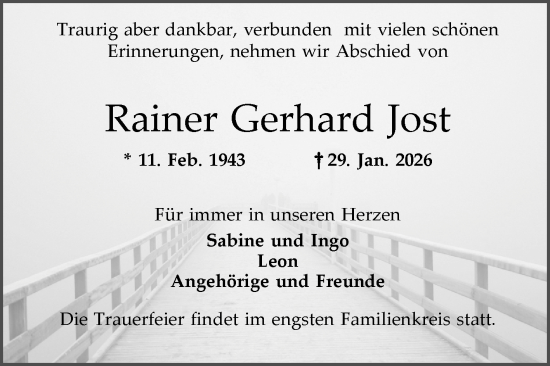 Traueranzeige von Rainer Gerhard Jost von Mannheimer Morgen