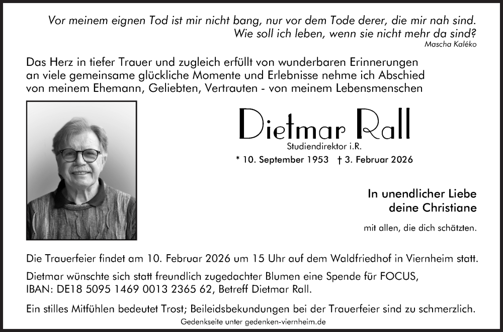  Traueranzeige für Dietmar Rall vom 07.02.2026 aus Mannheimer Morgen