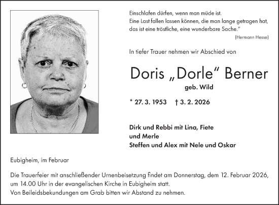 Traueranzeige von Doris Berner von Fränkische Nachrichten