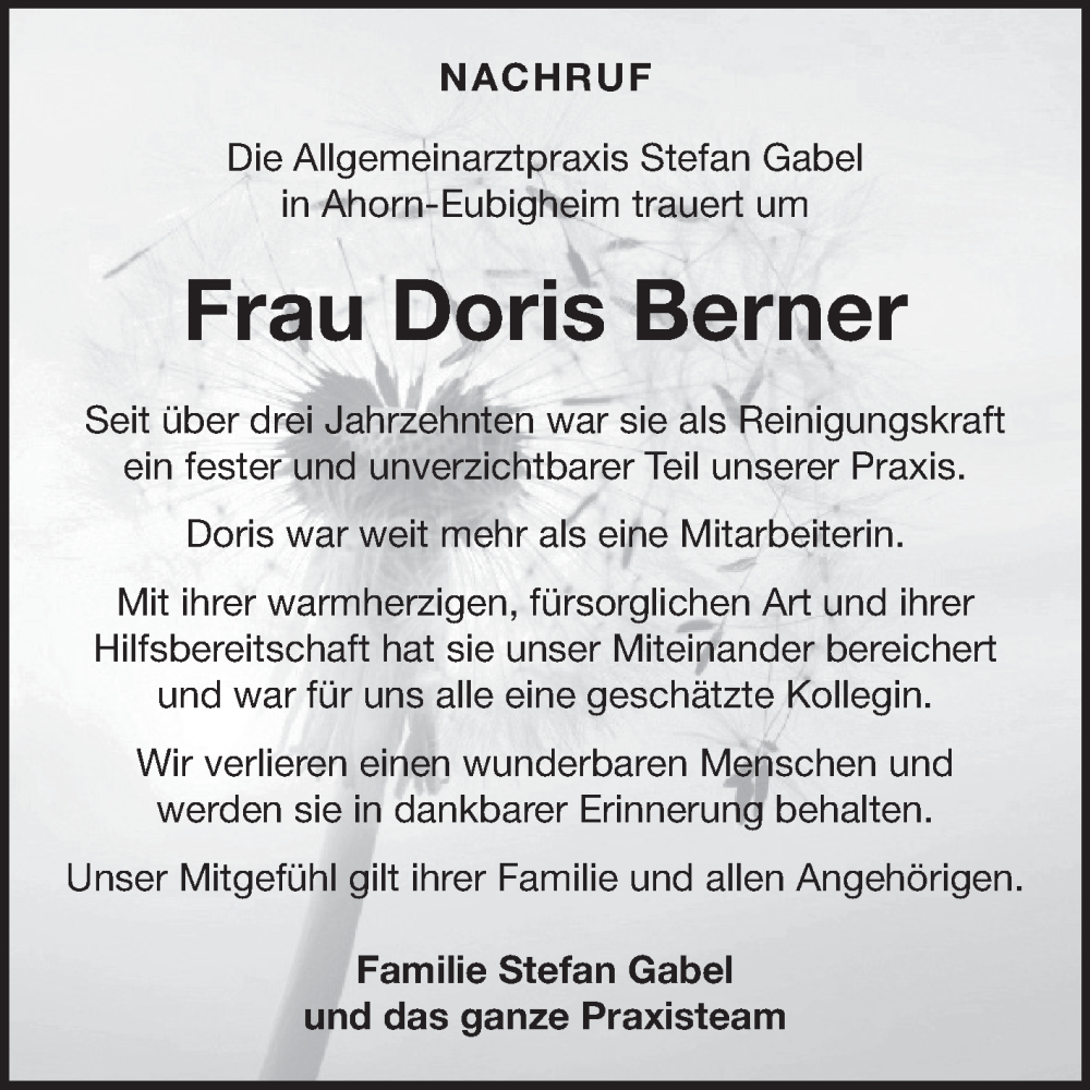  Traueranzeige für Doris Berner vom 07.02.2026 aus Fränkische Nachrichten