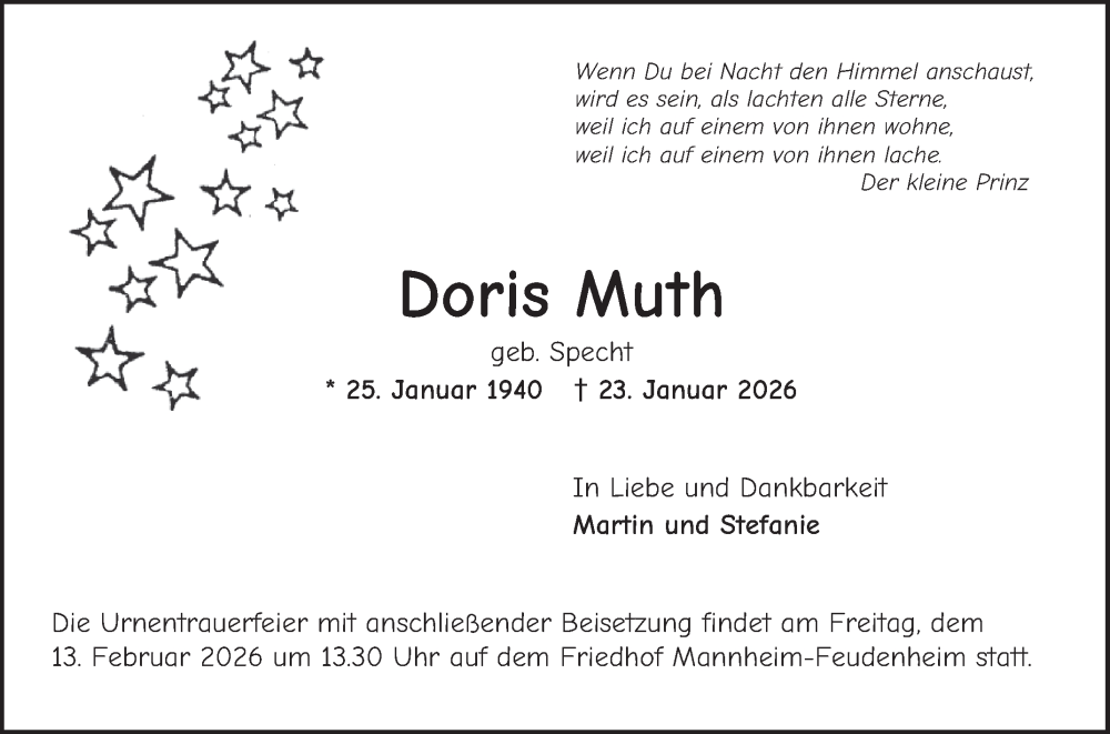  Traueranzeige für Doris Muth vom 07.02.2026 aus Mannheimer Morgen